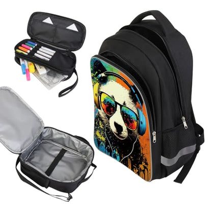 ZRENTAO 3 Pcs Kids Backpack, 3D Reflective Cartoon, 600D Polyester & Dual Zippers, 17" Bookbag with Ergonomic Design for boys & girls age 6-18, Panda Space Style for school Children Kids - color: 06#pandaset