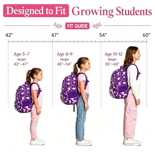 MYGOO Girls School Backpack Doubleday Dream Purple Bookbag for Elementary Middle School Ages 5-12, 17 inch Large Capacity 24L Kids Student Travel Bags - color: Doubleday Dream Purple
