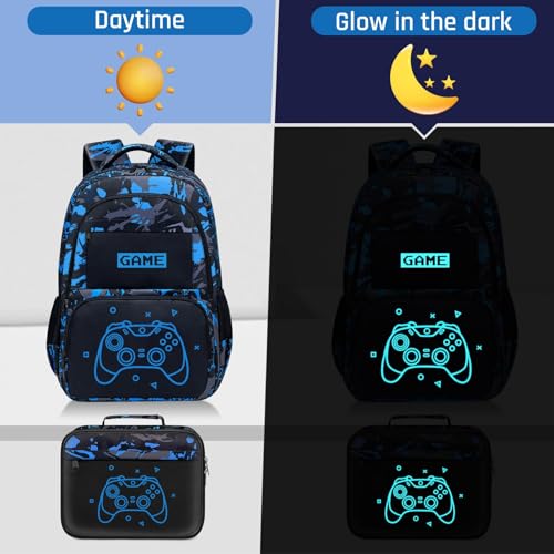 Glow in The Dark Backpack for Boys - 3pcs Game Boys Backpack for Kids Children Teens Elementary Middle School - 17″ Gamer Bookbag Travel Back Pack for Age 6-18 - color: Game001-backpack Set
