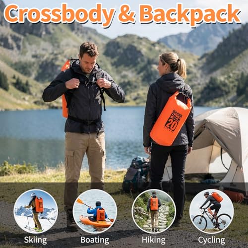 Waterproof Dry Bag, 20L Water Proof Backpack, Roll Top Closure Dry Bag Orange, Heavy Duty Floating Pouch for Kayaking Boating, Durable Hiking Backpack with IPX8 Waterproof Phone Case-Black, 7" - color: Orange dry bag 20L + Phone pouch 7"