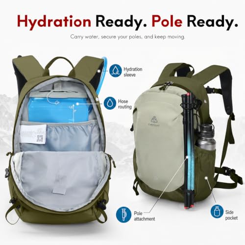 Haimont 15L Lightweight Hiking Daypack, Green | 1.19 lb Carry, Hydration Sleeve, Trekking Pole Loops, Breathable Back Panel, Whistle - color: Green