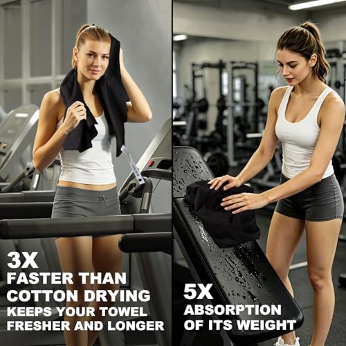 Microfiber Workout Towels - Quick Dry Silver ION Odor-Free, Highly Absorbing, Gym Towels for Men & Women - Sports Sweat Towel for Gym, Yoga, Working Out, Camping, Travel, Set of 8 Black–16x31.5Inch