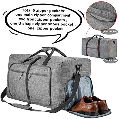 Vomgomfom 65L/85L/115L Foldable Travel Duffle Bag, Lightweight Checked Luggage with Shoe Compartment, Water-Resistant Weekender Overnight Bag for Men & Women - color: A Gray, size: 85L