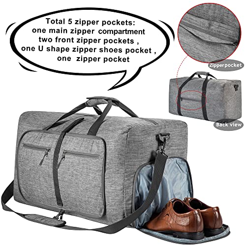 Vomgomfom 65L/85L/115L Foldable Travel Duffle Bag, Lightweight Checked Luggage with Shoe Compartment, Water-Resistant Weekender Overnight Bag for Men & Women - color: A Gray, size: 115L