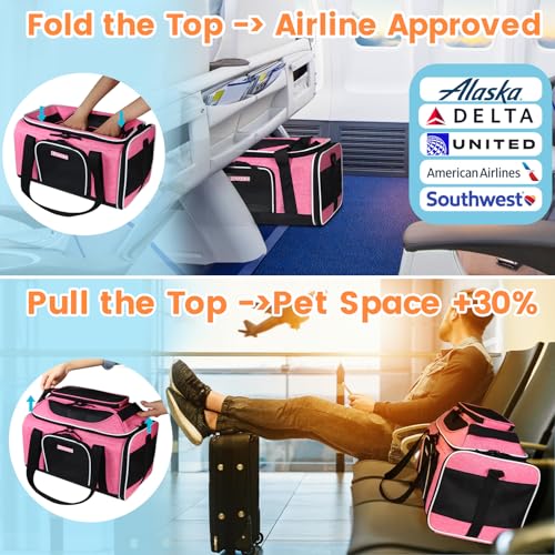Petskd Top-Expandable Pet Carrier 17x11x9.5 Inches Alaska Airline Approved, Soft-Sided Carrier for Small Cats and Dogs with Locking Safety Zippers and Anti-Scratch Mesh(Pink) - color: Pink, size: 17.0"L x 11.0"W x 9.5"H