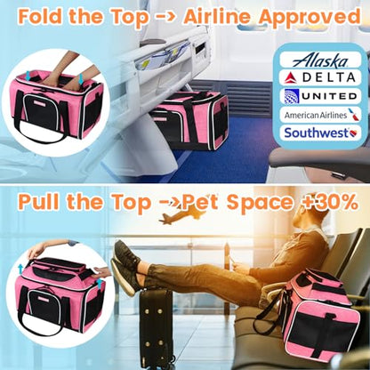 Petskd Top-Expandable Pet Carrier 17x11x9.5 Inches Alaska Airline Approved, Soft-Sided Carrier for Small Cats and Dogs with Locking Safety Zippers and Anti-Scratch Mesh(Pink) - color: Pink, size: 17.0"L x 11.0"W x 9.5"H