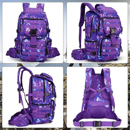 50L Military Tactical Backpack Hiking Waterproof Backpack Large Military Pack 3 Day Assault Pack Molle Bag Rucksack - color: Purplecamo