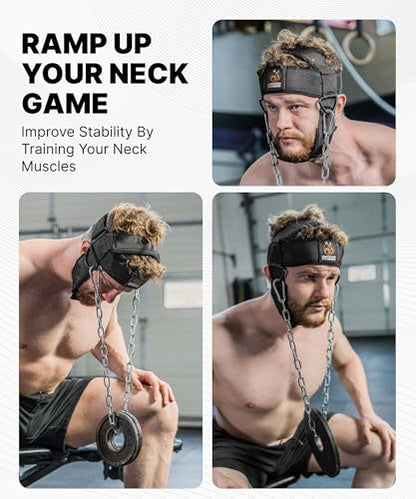 DMoose Fitness Neck Harness for Weight Lifting - Soft Padded Head & Chin Strap with 30" Heavy Duty Steel Chain - Neck Exerciser, Trainer & Strengthener to Support Injury Recovery and Intense Workouts - color: Black (Legacy Logo)