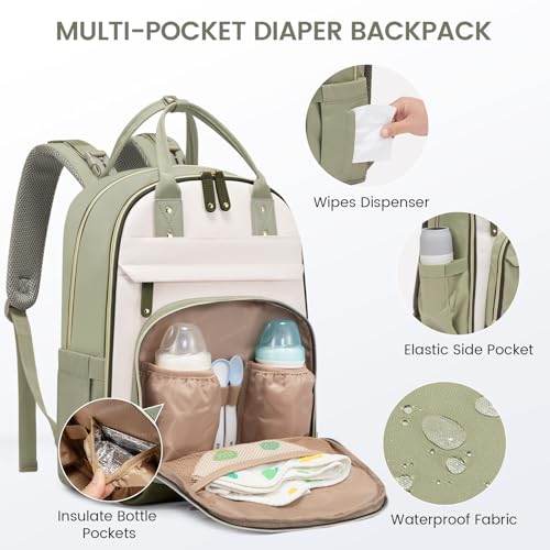 LOVEVOOK Diaper Bag Backpack, Baby Bag with Changing Pad, Large Diaper Backpack Boy Girl, Waterproof Baby Registry Bag for Mom Dad with Stroller Buckles, Light Green-beige-olive Green - color: Light Green-beige-olive Green