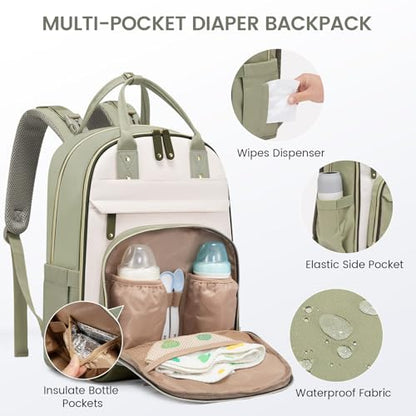 LOVEVOOK Diaper Bag Backpack, Baby Bag with Changing Pad, Large Diaper Backpack Boy Girl, Waterproof Baby Registry Bag for Mom Dad with Stroller Buckles, Light Green-beige-olive Green - color: Light Green-beige-olive Green