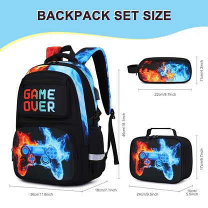 Scothen 3PCS Boys Backpack Set, Cool Backpack for Boys with Lunch Bag & Pencil Case, Kids School Bag Teen Boy Bookbag for Kindergarten Elementary Middle School with USB Charging Port - color: Red & Blue Flame