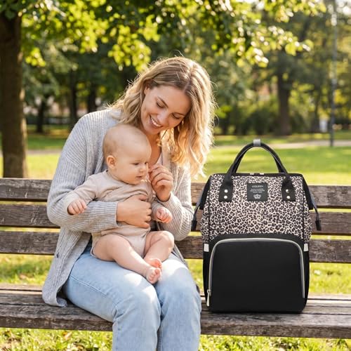 Leopard Print Diaper Bag Backpack Multi-Function Diaper Bag for Baby Care Waterproof Travel Baby Bag for Mom Brown - color: A-cheetah Coffee