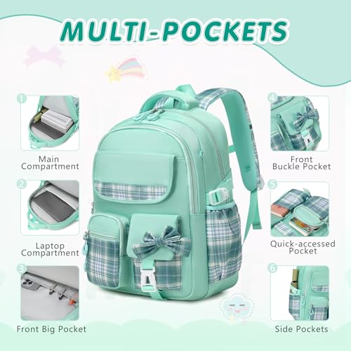 GeeWin School Backpack for Girls, Bookbags Back Pack School Bag for Teen Girl Elementary Middle School Student, Cute Stylish Plaid Girls Backpack with Matching Insulated Lunch Bag & Pencil Bag (Green) - color: Green