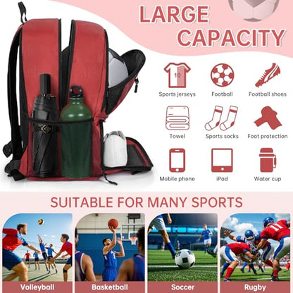 GMAK Soccer Backpack for Youth, Soccer Bag with Ball/Shoe Compartment for Football/Basketball/VB, Lightweight Training Pack - color: Red