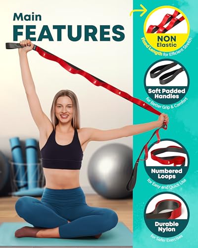 Stretching Strap with Loops - Non Elastic Stretch Band for Physical Therapy, Yoga Strap for Stretching Equipment, Stretch Bands for Exercise and Flexibility - Fascia, Hamstring & Leg Stretcher Belt - style: 10 Loops - Red