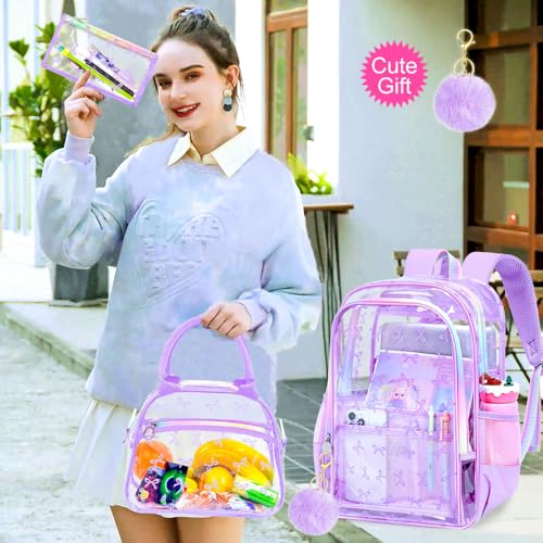 gxtvo 3PCS Clear School Backpack Heavy-Duty Set for Women & Teen Girls, 17" Purple Transparent Bookbag with Rainbow Strap, Elegant Bow See Through Bag - color: Purple Elegant Bow Clear Backpack Set