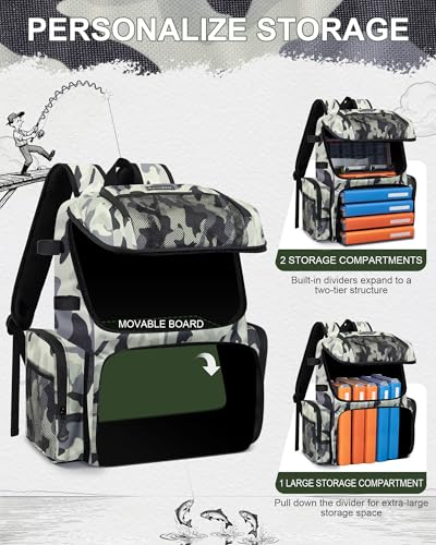 Fishing Backpack, Large Water Resistant Tackle Bag Storage Fishing Gear and Equipment, Built-in Cooler Compartment Grey - color: Grey Camo