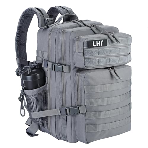 LHI Military Tactical Backpack for Men and Women 45L Army 3 Days Assault Pack Bag Large Rucksack with Molle System - Grey - color: Grey