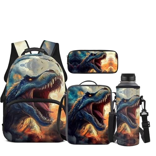 JEOCODY T-Rex Backpack Kids School Bag with Lunch Bag Pencil Case Water Bottle Holder Set of 4 Cool Dinosaur Bookbag for Boys Girls Lightweight Casual Daypack for Travel Hiking - color: Cool T-rex Printed