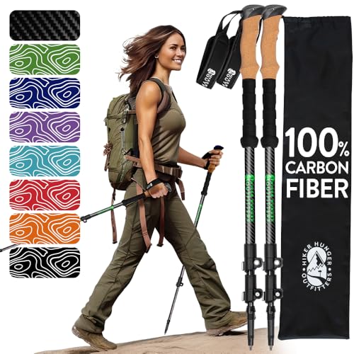 100% Carbon Fiber Trekking Poles by USA Brand - Ultra Strong Lightweight Collapsible Hiking Poles with Cork and EVA Foam Grips & Quick Adjustable Flip Locks - color: Cork - 3K Black
