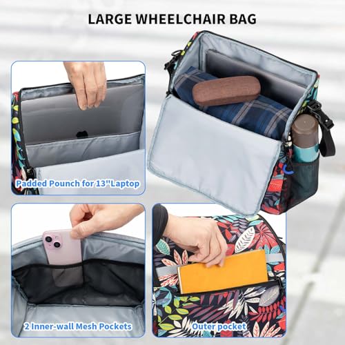 ZHCHG Wheelchair Bags, Wheelchair Backpack with Cup Holder, Wheelchair Bags to Hang on Back, Electric Wheel Chair Accessories, Large Storage Bag for Walker Rollator - style: Blue Red-leaves