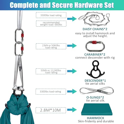 Aerial Silks Kit & Aerial Yoga Hammock - 11Yd Premium Fabric with Hardware - Easy Setup for Flying Yoga, Aerial Swing & Fitness - Supports Up to 14ft Rigging - color: Dark Green