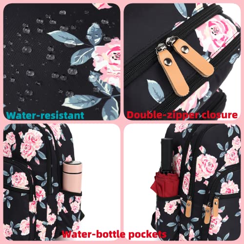 Leaper Water-resistant Floral Laptop Backpack School Travel Bag Bookbags Satchel - color: Black-pink Flower [8005up], size: X-Large