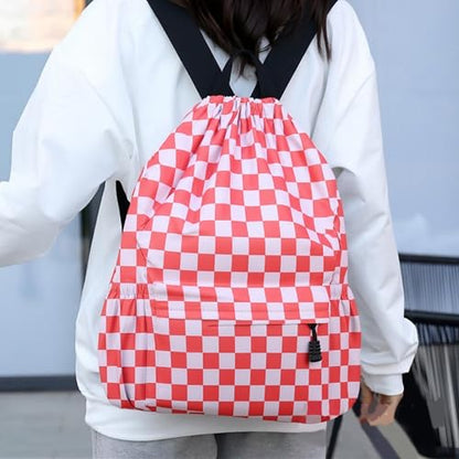 Drawstring Backpack for Women Drawstring Gym Bag Water Resistant Small Cinch Sack Pull String Backpack Bag (Checkered-Pink) - color: Checkered-pink