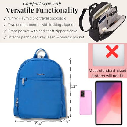 Securtex Anti-Theft Getaway Backpack - 9.4"x13"x5" Travel Safe Bag w/Locking Zippers, Slash-Resistant, RFID - color: Lapis