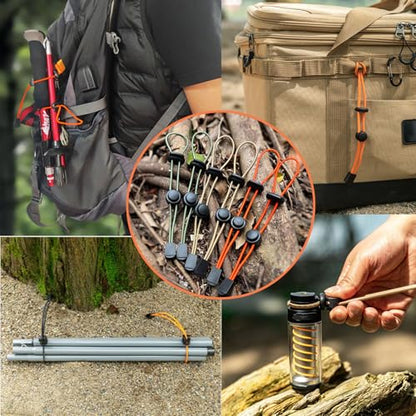 6-Pack Elastic Rope Fasteners - Backpack Accessories for Organizing Gear, Trekking Poles, or Camping Equipment (Army Green/Khaki/Orange)