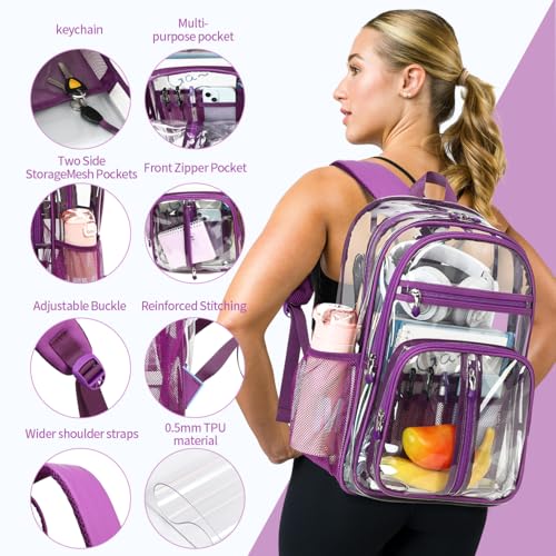 Cusangel Clear TPU XL Backpack for Girls Women,18" See Through Heavy Duty Bookbag,warehouses, school and other security check locations(Purple) - color: Purple-18in