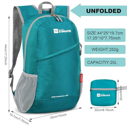 ZOMAKE Lightweight Packable Backpack 20L,Foldable Backpacks Small Daypack for Hiking Water Resistant Day Bag for Travel(Lake Green) - color: Lake Green