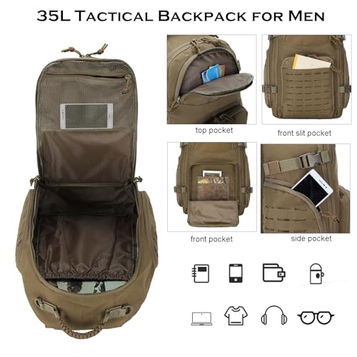35L Tactical Backpack for Men Heavy Duty Military Backpack 3 Day Assault Pack Molle Backpack Hiking Rucksack (Tan) - color: Tan