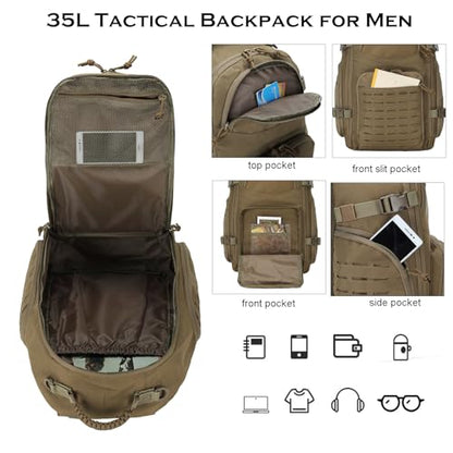 35L Tactical Backpack for Men Heavy Duty Military Backpack 3 Day Assault Pack Molle Backpack Hiking Rucksack (Tan) - color: Tan
