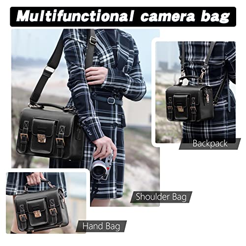 Cwatcun 3-in-1 Retro Camera Bag, PU Leather Camera Crossbody/Backpack/Case - color: Black, size: Small