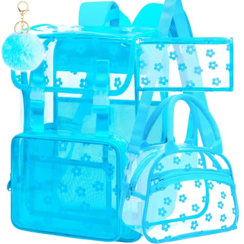 17" Clear Backpack for Girls, School Kids Transparent Bookbag Set, 3Pcs Stadium Approved See Through Backpack with Lunch Box (Blue) - color: Plum Blossom Blue