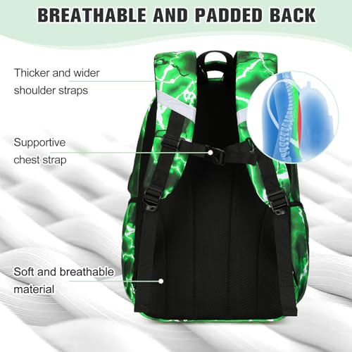 Bevalsa Backpack for Boys, Lightning School Bags with Lunch Bag & Pen Case for Kids, Bookbag for Boys Teens Elementary Middle High School - color: Neon Green