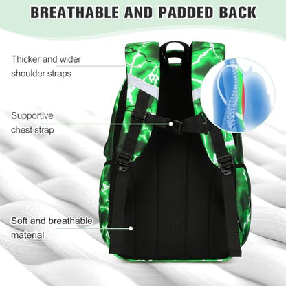 Bevalsa Backpack for Boys, Lightning School Bags with Lunch Bag & Pen Case for Kids, Bookbag for Boys Teens Elementary Middle High School - color: Neon Green