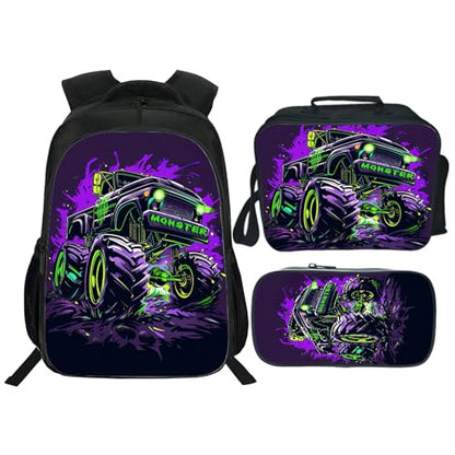 Kids Backpack School Bookbag 16inch Schoolbag With Lunch Box Bag And Pencil Case Set For Boys Girls - color: Monster Truck