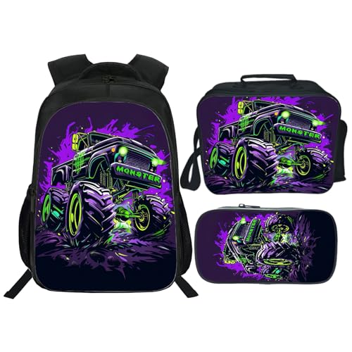 Kids Backpack School Bookbag 16inch Schoolbag With Lunch Box Bag And Pencil Case Set For Boys Girls - color: Monster Truck