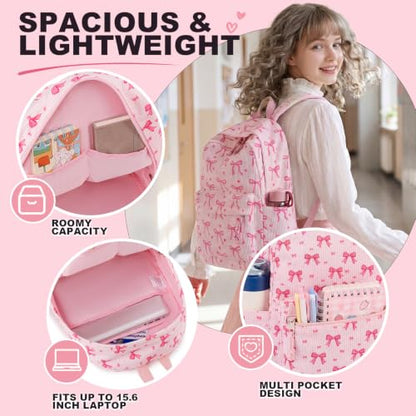 LEDAOU School Backpack for Teen Girls Elementary Middle School Bookbag Kids Backpacks Women Laptop Backpack Travel Daypack (Pink Bow Tie) - color: Pink Bow Tie