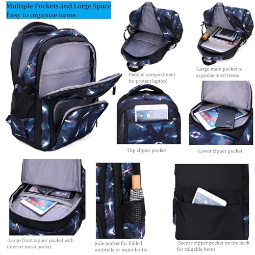 MITOWERMI Boys Backpacks for Primary Junior School Kids Backpack with Lunch Box Galaxy Space Bookbags for Boys Girls - color: #01 Black-blue Galaxy, style: 3 Pcs Set Backpack