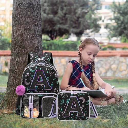 Meetbelify Backpack for Girls Letter Backpacks for Elementary Student Teen Girls Cute School Bag Kids Bookbag for Kids 8-10 - color: Initial a Black