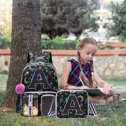 Meetbelify Backpack for Girls Letter Backpacks for Elementary Student Teen Girls Cute School Bag Kids Bookbag for Kids 8-10 - color: Initial a Black