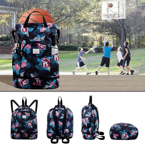 Kamo Drawstring Backpack Bag - Sport Swimming Yoga Backpack with Shoe Compartment, Two Water Bottle Holder for Men Women Large String Backpack Athletic Sackpack for Travel - color: Blue Leaves