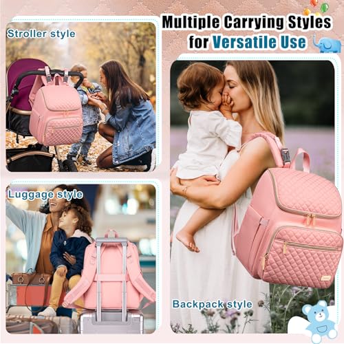 Weitars Diaper Bag Backpack Large Baby Diaper Bag with Changing Pad Travel Diaper Backpack,Baby Bag for Boys Girls,Stroller Straps,5 Insulated Pockets (Pink) - color: Pink