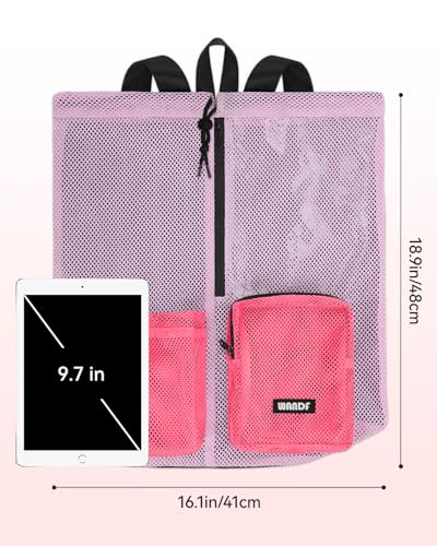 WANDF Swim Bag for Swimmers, Mesh Beach Backpack - color: Light Pink With 2 Front Pockets, size: Large