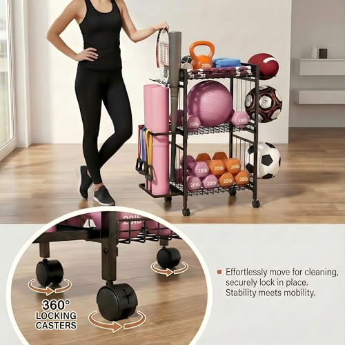 Home Gym Storage Rack 3-Tier Dumbbell Rack with Ball Holder & Side Basket Heavy Duty Vertical Workout Equipment Organizer for Yoga Mats Lockable Wheels