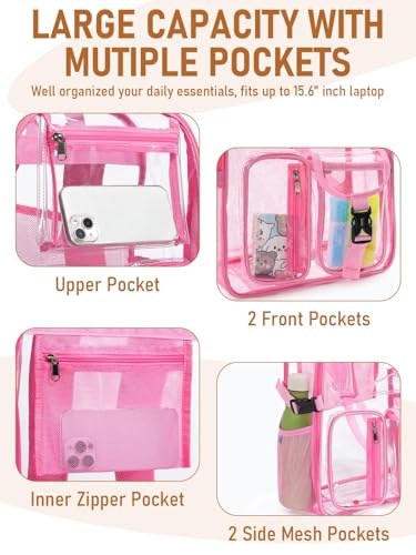 Clear Backpack Heavy Duty for Women Men Boys Girls, Large Clear Bookbag See Through Backpack for School College - color: 13-7#pink+pouch