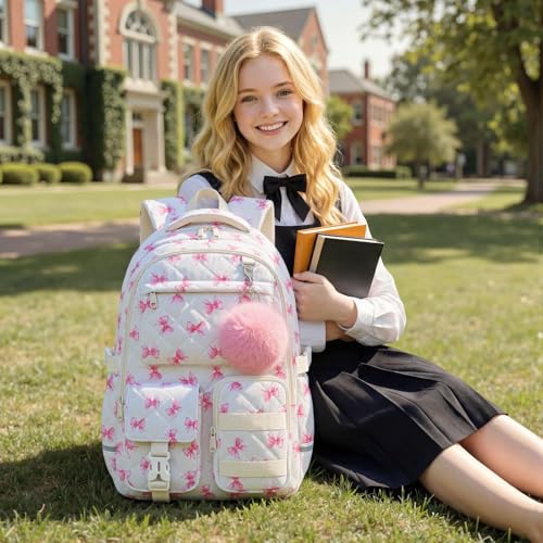 Quilted Backpack for Teen Girls, Cute Pink Bow School Backpack with Multi-Pocket Design, Lightweight Cotton Bookbag Fits 15.6" Laptop, Large Capacity Aesthetic Backpack with Plush Charm - color: Pink Bow